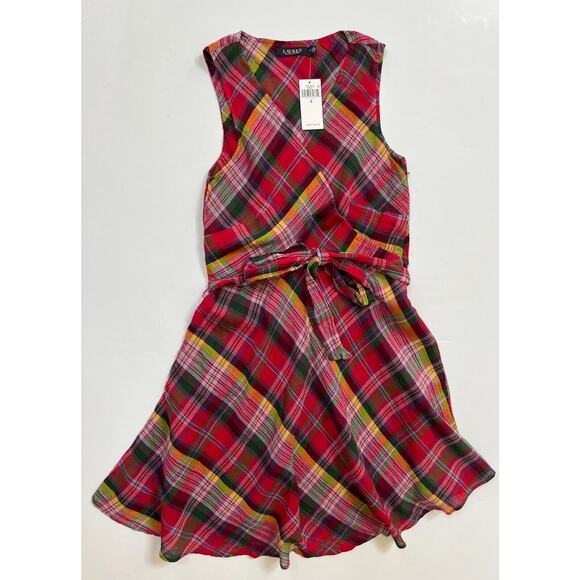 Lauren Ralph Lauren Pink Multi Plaid Crinkle Cotton Sleeveless Dress Size 8 NWT - Picture 6 of 12